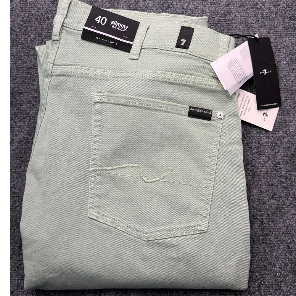 7 For All Mankind Slimmy Jeans Mens 40 Green Slim Straight Italian Fabric NEW